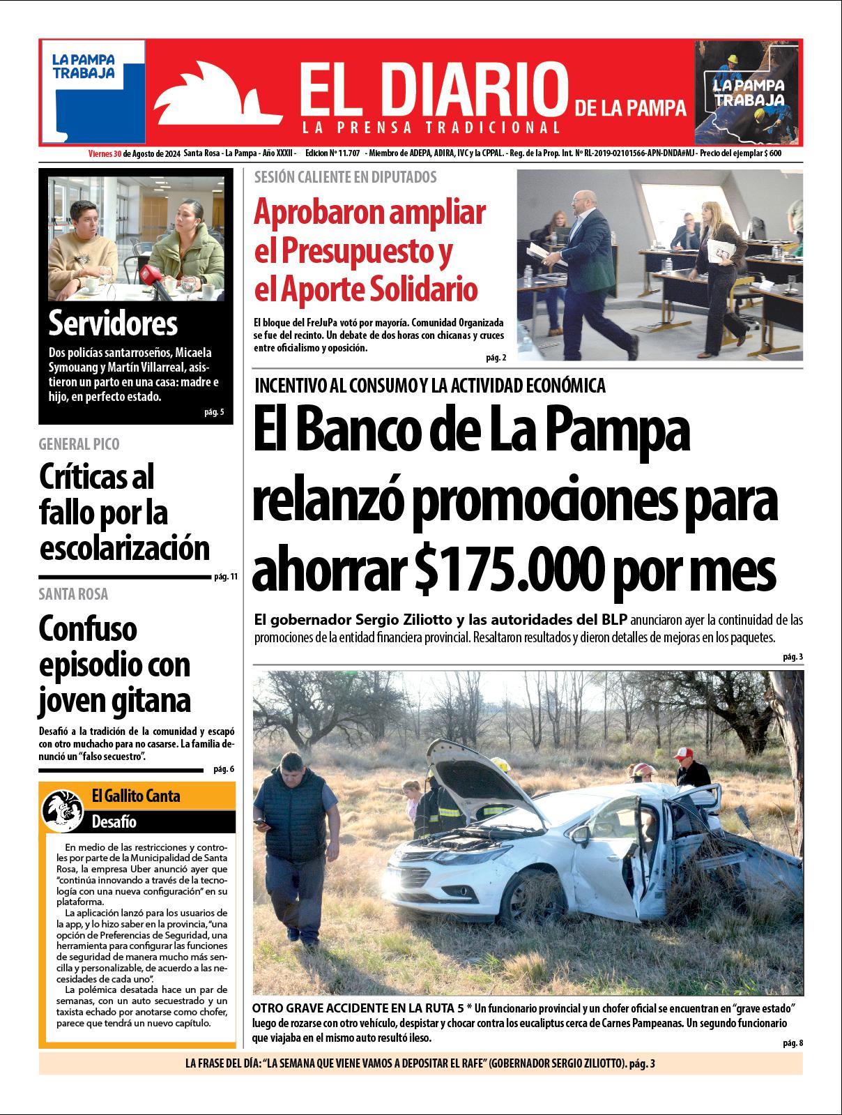 Tapa de El Diario en papel  viernes 30 de agosto de 2024